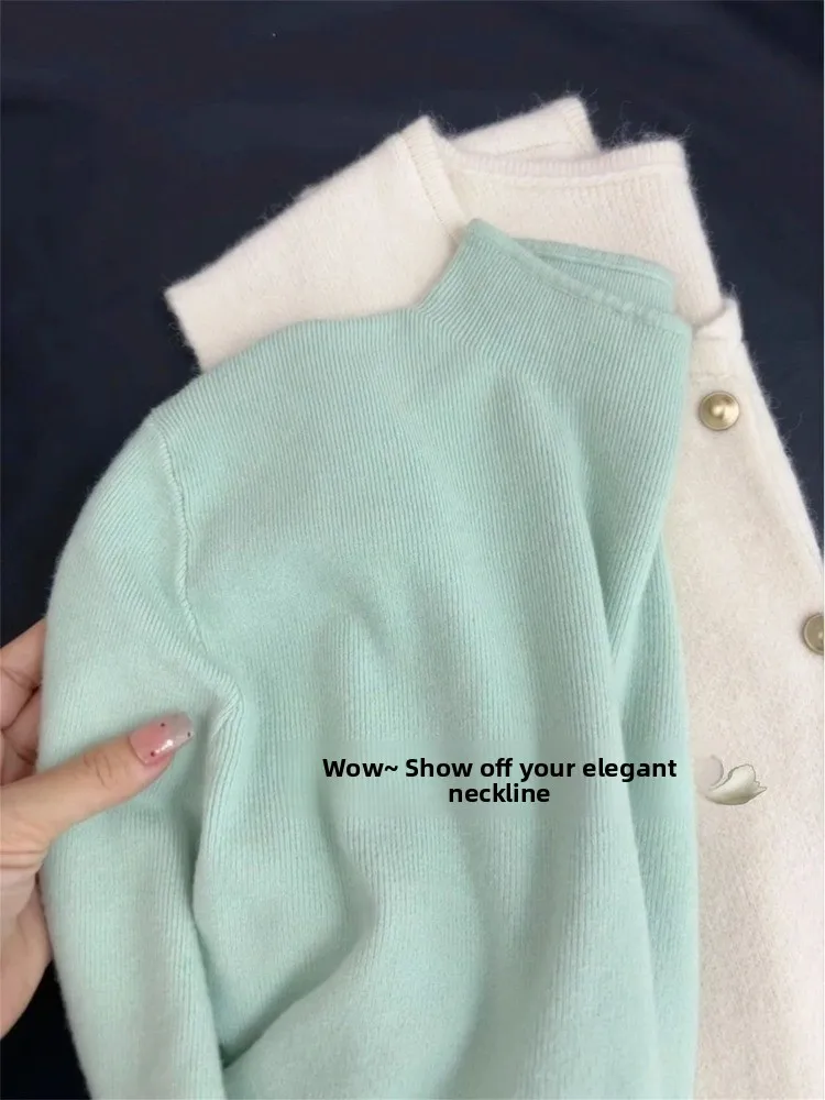 Mint Wave a Gestricktes langes Sve-Thermooberteil mit hohem Kragen und weichem, gemütlichem Innenbekleidungs-T-Shirt für Damen