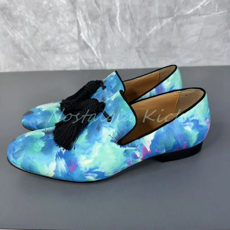 New Men's Satin Watercolor Tassel Loafers Colorful Pointed Toe Slip On Dress Shoes for Man Casual Blue Formal Flat Derby Shoes