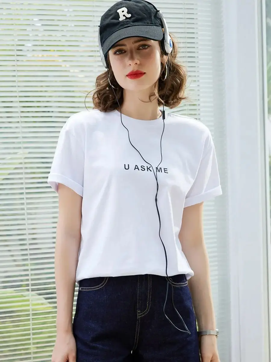 LOUIS YAO Women T-shirt 2024 Summer New Tee O Neck Short Sleeve Casual Print Letter Pullover Loose Basic Cotton Women\'s Top