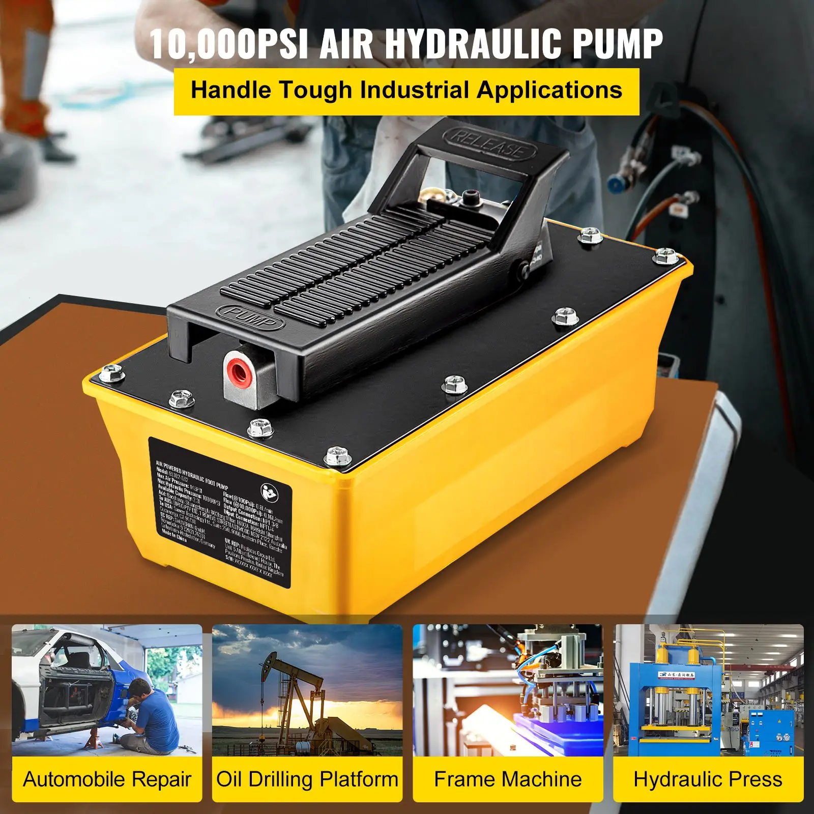 Air Hydraulic Pump, 10,000 PSI Hydraulic Foot Pump, 0.6 Gal Reservoir Foot Operated Air/Hydraulic Pump, with Hose and Spray Gun for Heavy Machinery Rigging, Auto Repair, Auto Body Frame Machines
