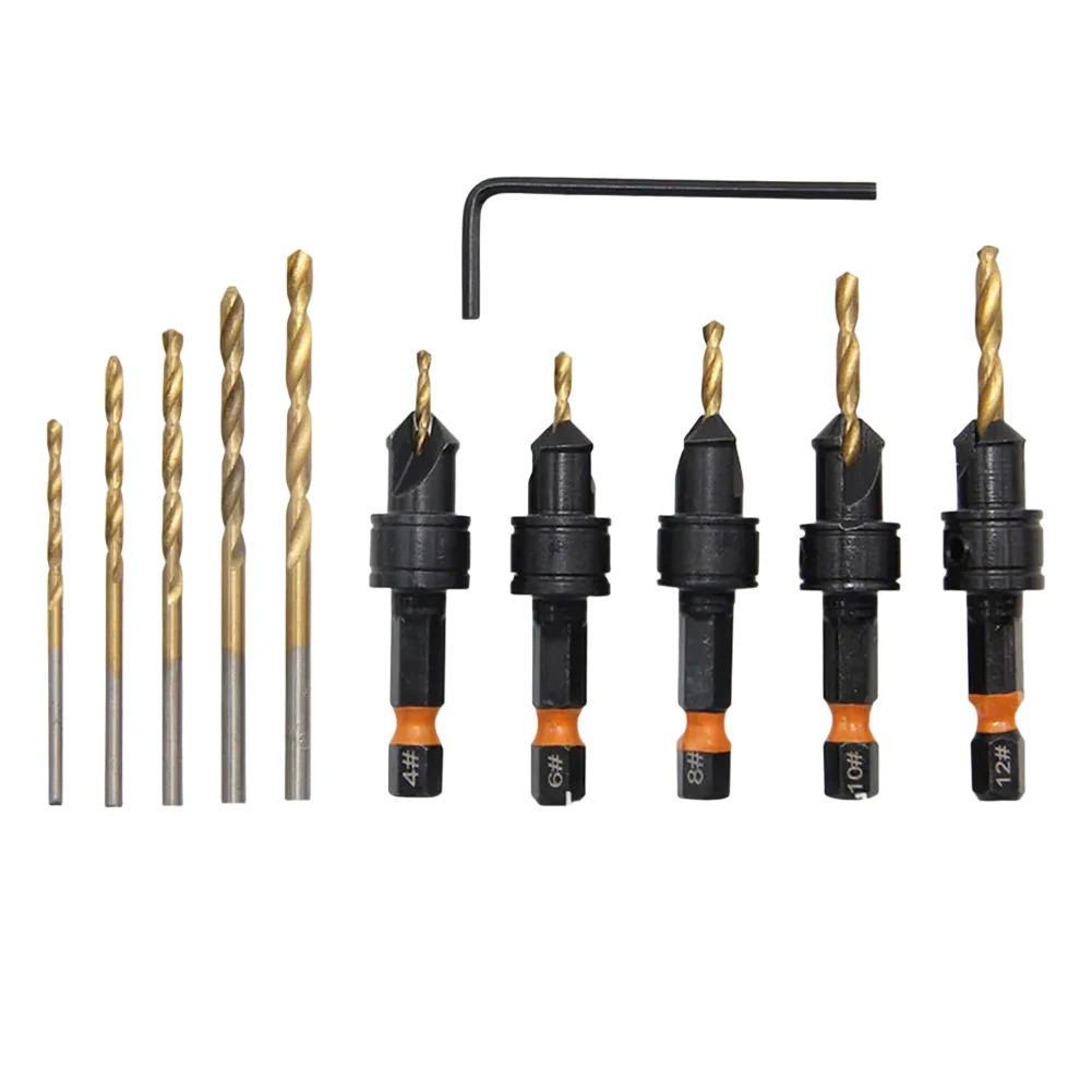 

11 шт., набор сверл с зенковкой, 1/4 дюйма, комбинированные сверла с шестигранным хвостовиком для дерева, регулируемые сверла для раковины, ручные дрели