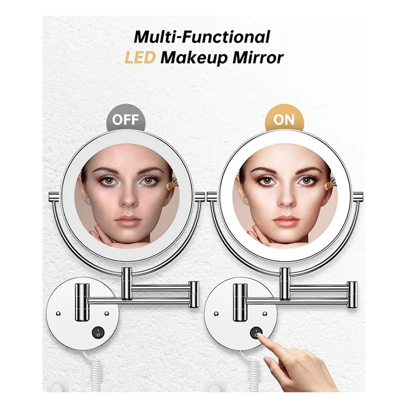 Miroir Mural LED Rond Double Face Grossissant 1X/10X avec Bouton Lumineux, Prise US Chromée, 360