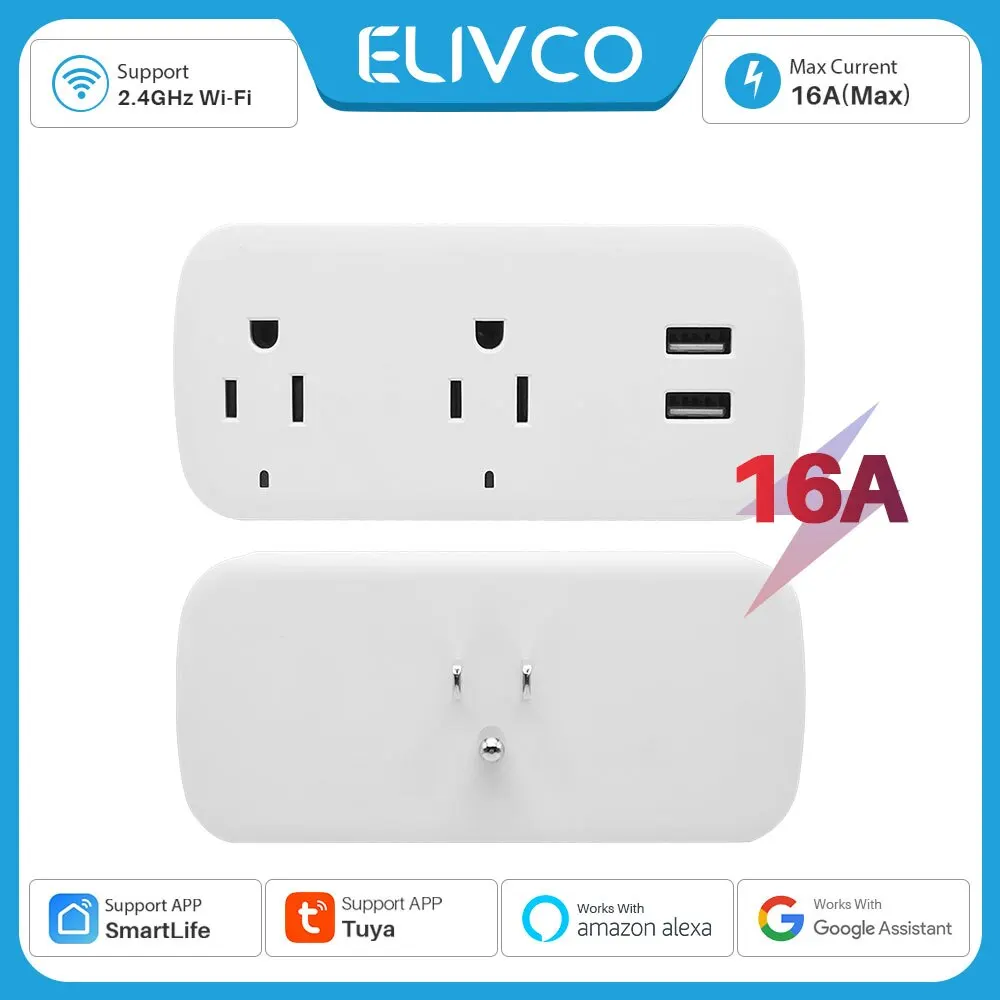 16A US Tuya soket Plug WiFi Cerdas 2 outlet 2 port USB dengan Timer hitung mundur aplikasi kehidupan pintar Remote Control bekerja dengan Alexa Goo