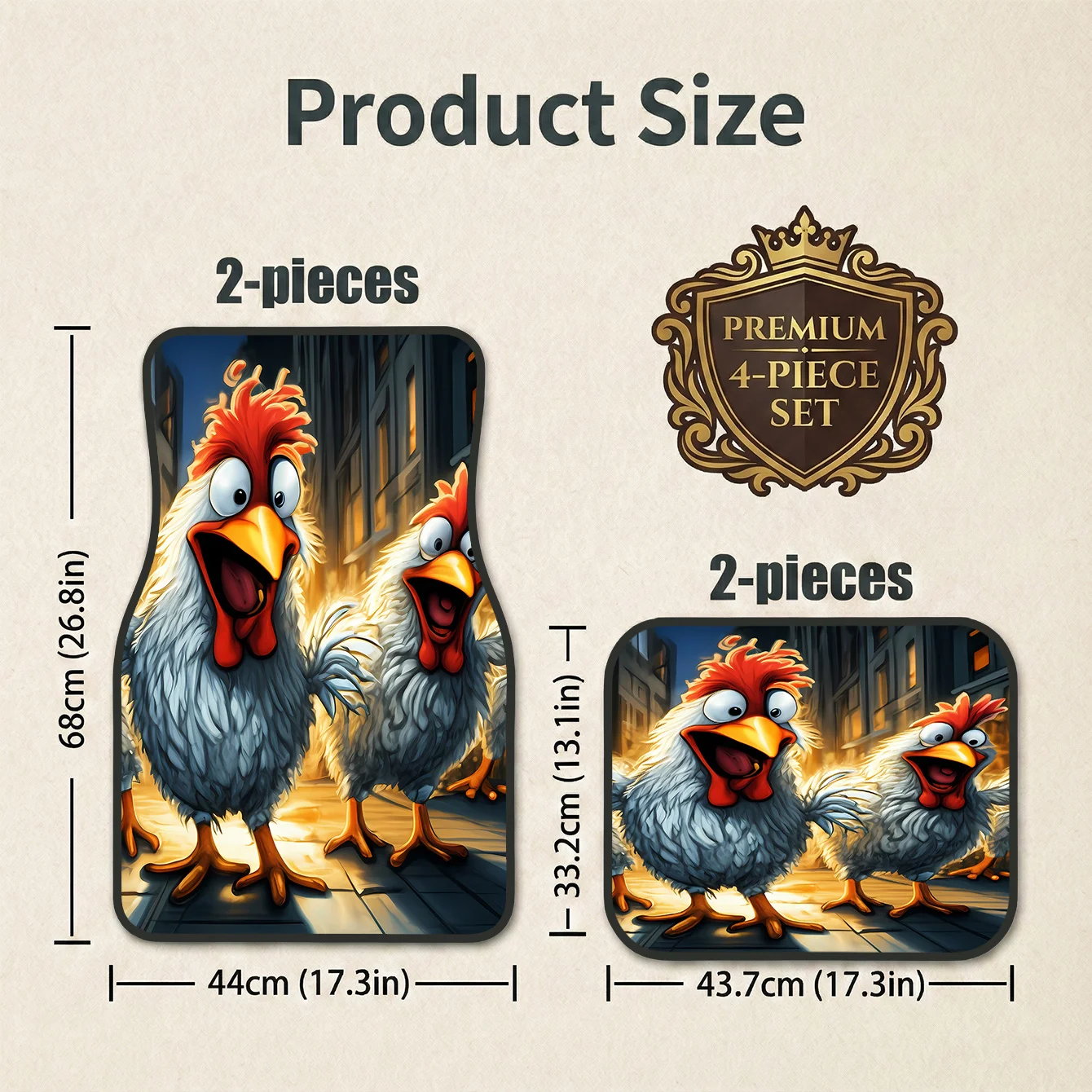 Set Of 4 Chicken Cartoon Design Car Mats | Perfect For Hatchbacks And Estate Cars, Easy Care & Maintenance, Stylish Interior Upg