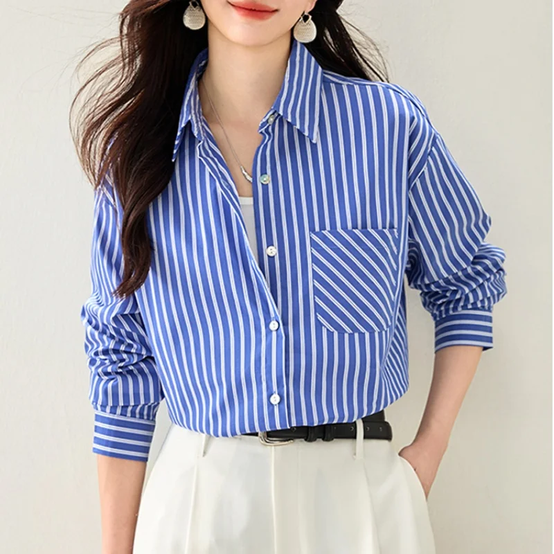 

Autumn Womens Stripe Casual Loose Shirt Vintage Pocket Blouses Simple Basic Office Tops Elegant Single-Breasted Work Blouse