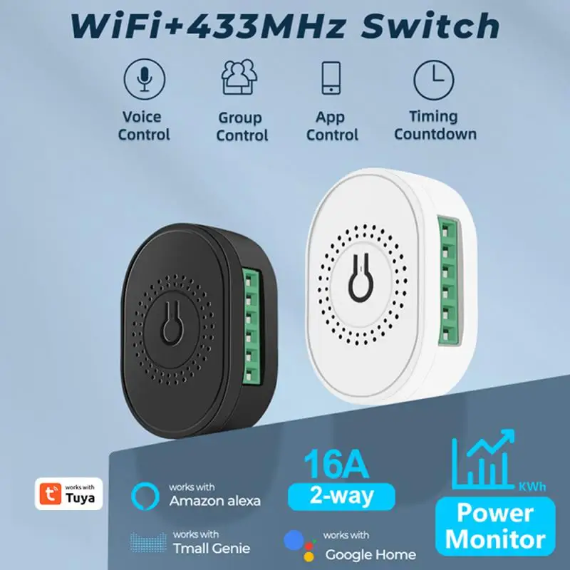 Tuya 16a Wifi Rf 433 Mini-Schakelaar Met Power Mornitor Double-Way Timer Relay Smart Life Breaker Werk Met Alexa Home