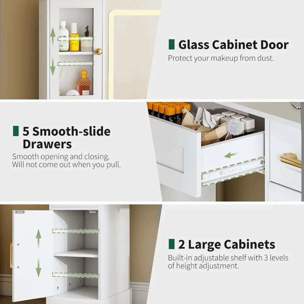مكتب مكياج مع مرآة وأضواء - طاولة زينة بيضاء مع 5 أدراج تخزين و3 خزائن، طاولة تزيين خشبية مقاس 55.2 بوصة ارتفاعًا
