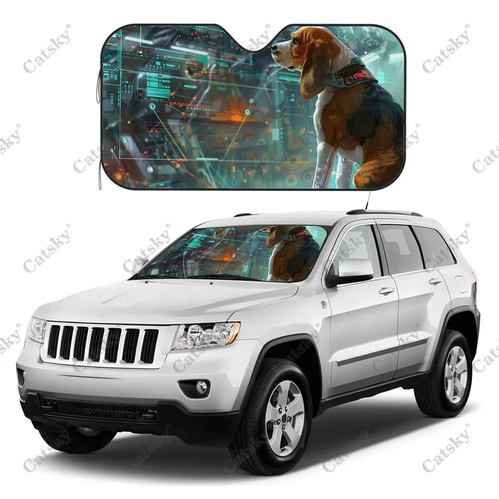 Space Station Beagle Dog Car Windshield Sunshade, Auto Accessories Front Windshield Sun Visor Blocks Uv Rays Protect Decoration