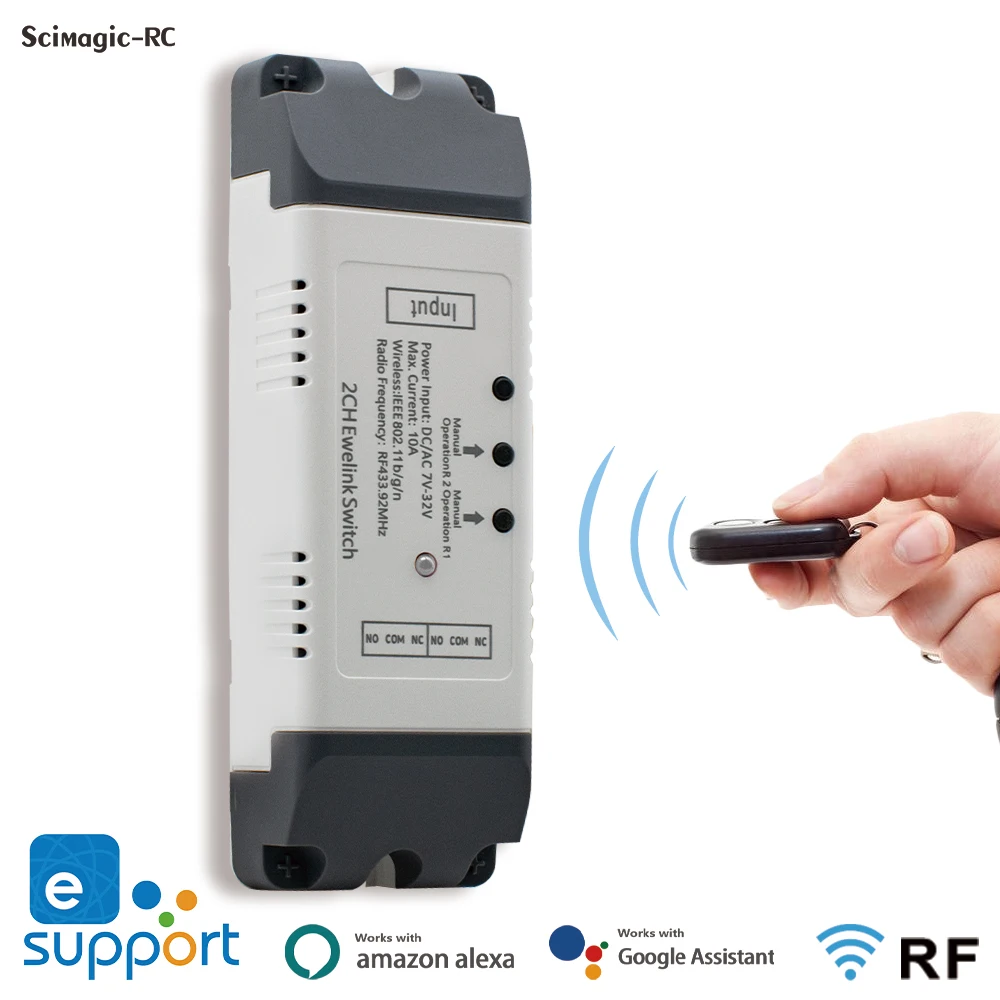 EWELINK 2 Channel Smart Switch Two Relay 12V 24V 220V 230V RF433 Receiver Module Dry Contact Inching Rele for Light Motor Alexa