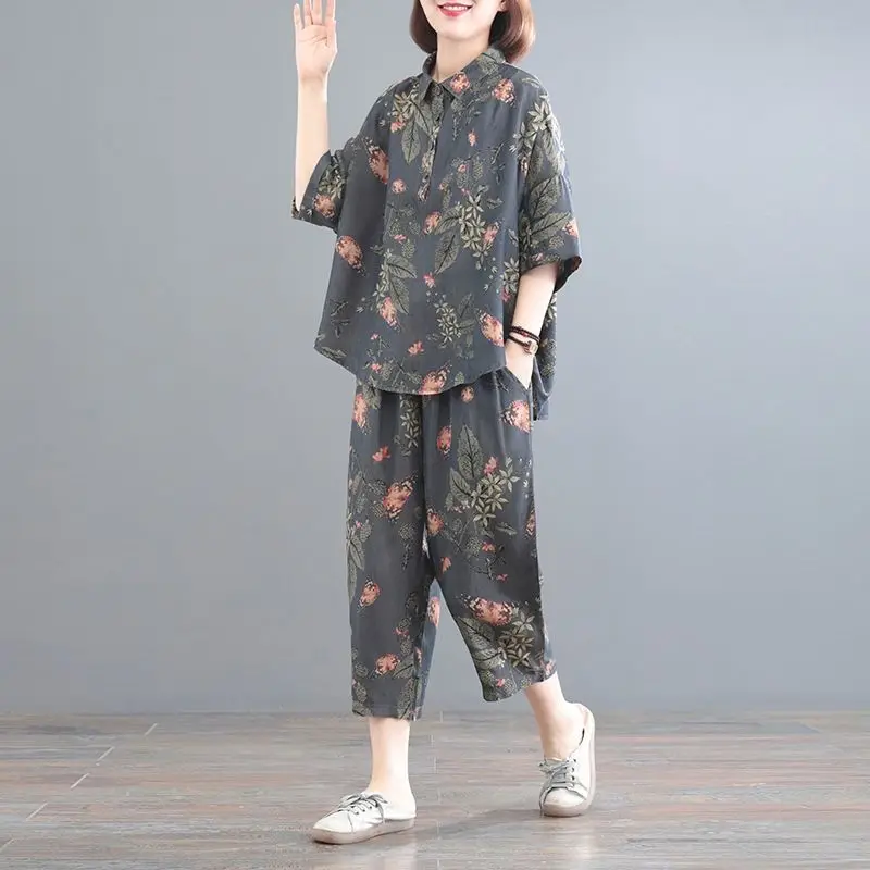 

Summer Fashion Ladies Suits High Street POLO Collar Short Sleeve Button Pullovers Floral Printing Drawstring Calf-Length Pants