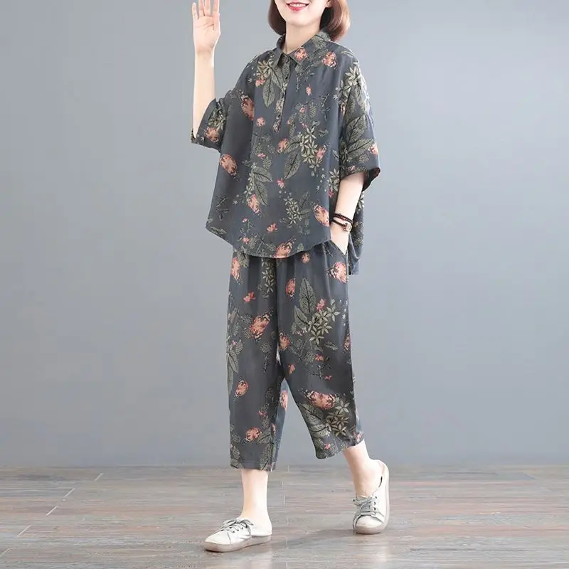 Summer Fashion Ladies Suits High Street POLO Collar Short Sleeve Button Pullovers Floral Printing Drawstring Calf-Length Pants