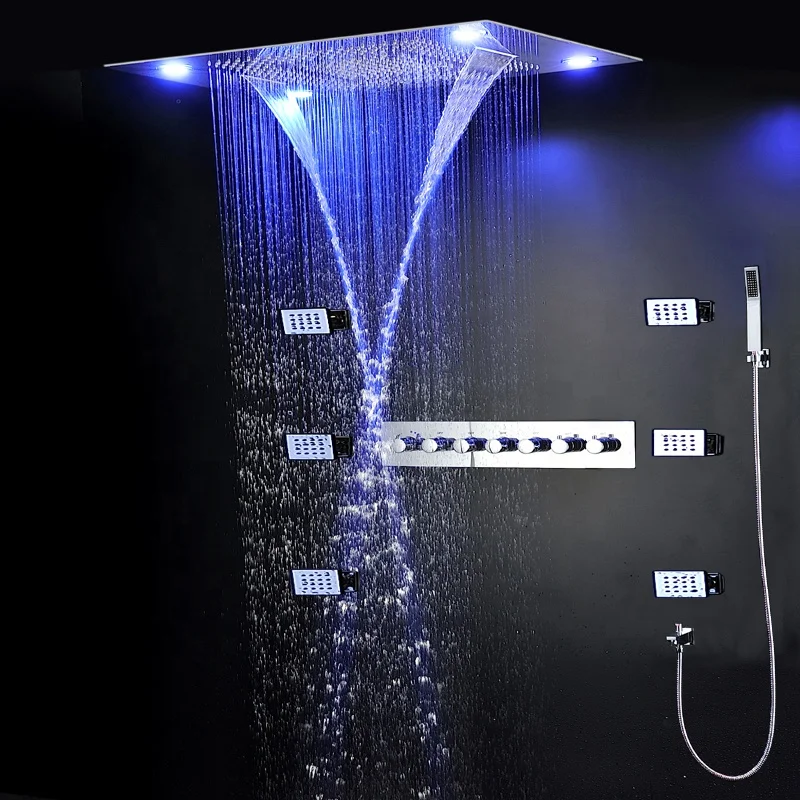 Luxury Bathroom Rainfall Shower Heads Ceiling Waterfall SPA Mist LED Shower Panel 6 Ways Thermostatic Shower Diverter Faucets