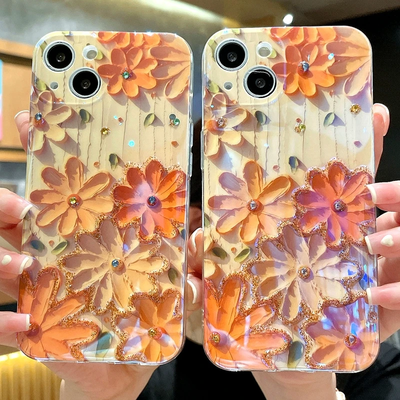 Soft Flower Glitter Laser Phone Case For iPhone 11 12 13 Pro Max X XS XR 7 8 Plus Shockproof Silicone Chrysanthemum Cover