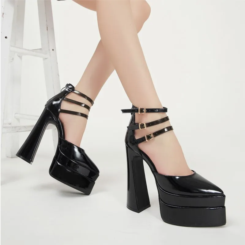 

Double Platform Patent Leather Women Shoes Pointy Toe High Heels Ankle Buckle Thick Heel Ladies Cool Sandals