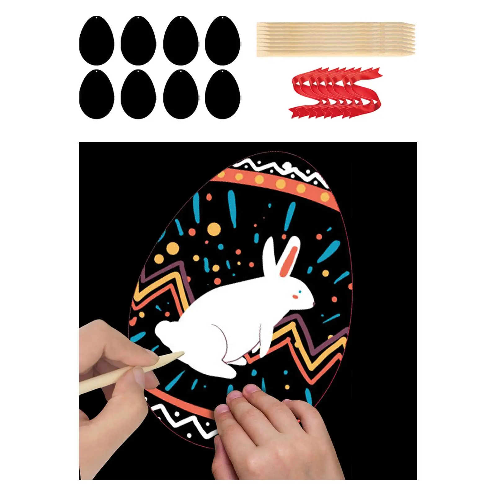 8Pcs Kids Craft Kit Drawing Easter Egg Scratch Paper with Ribbons for Spring