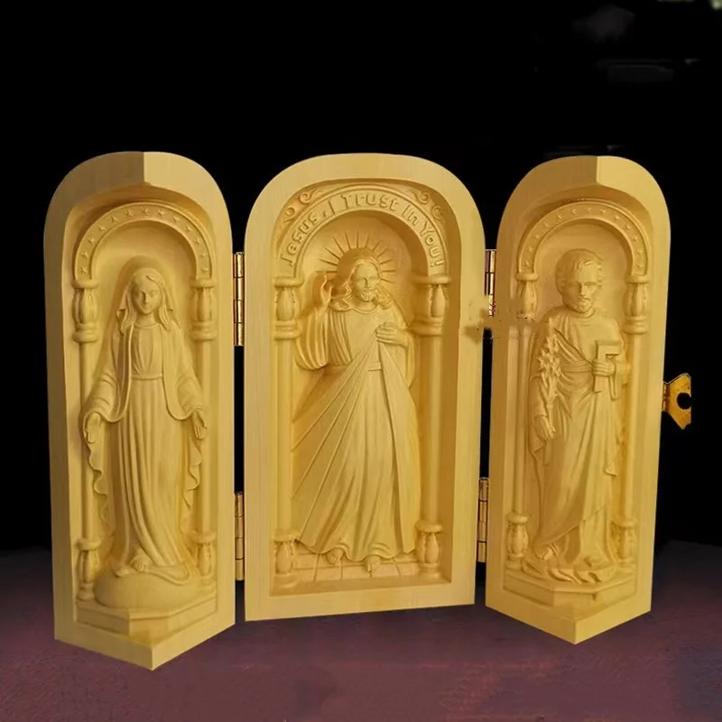 

European style wood carving church Catholic ornaments three open boxes boxwood carved crafts ornaments Nice Art Work