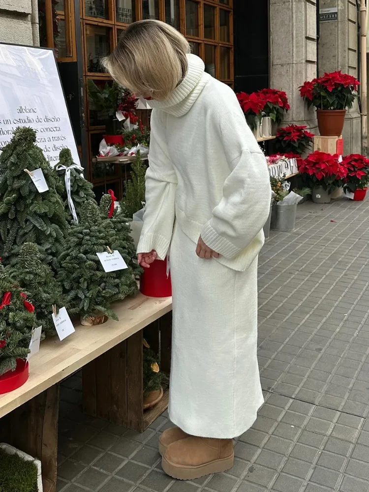 

Fashion Knitted Turtleneck Sets Women 2025 Autumn Winter Skirt Sweater Sets Combo Loose Cozy Chic Lady High Street 2-piece Suit