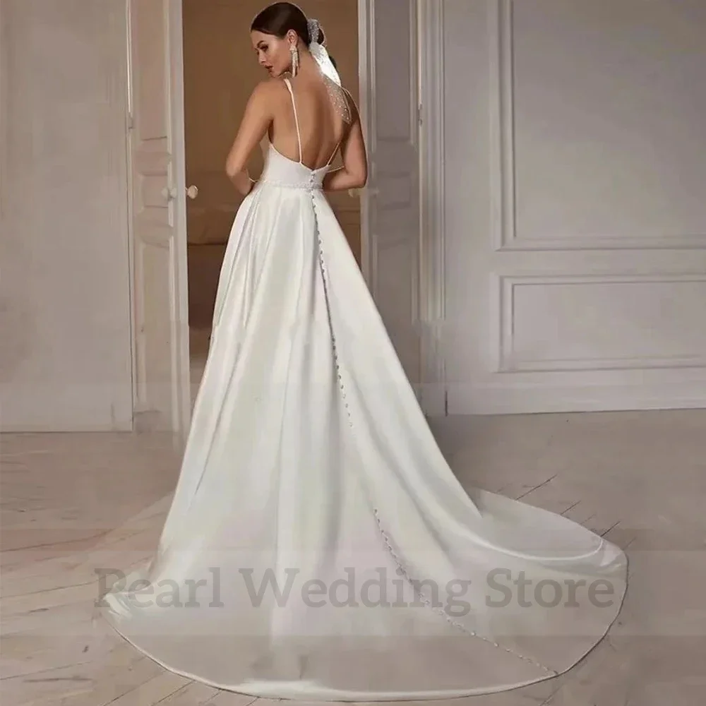 Bridal Satin A-Line Floor Length Wedding Dress V-Neck Sleeveless with Beading Belt Sexy Open Back with Buttons Sweep Train Gowns