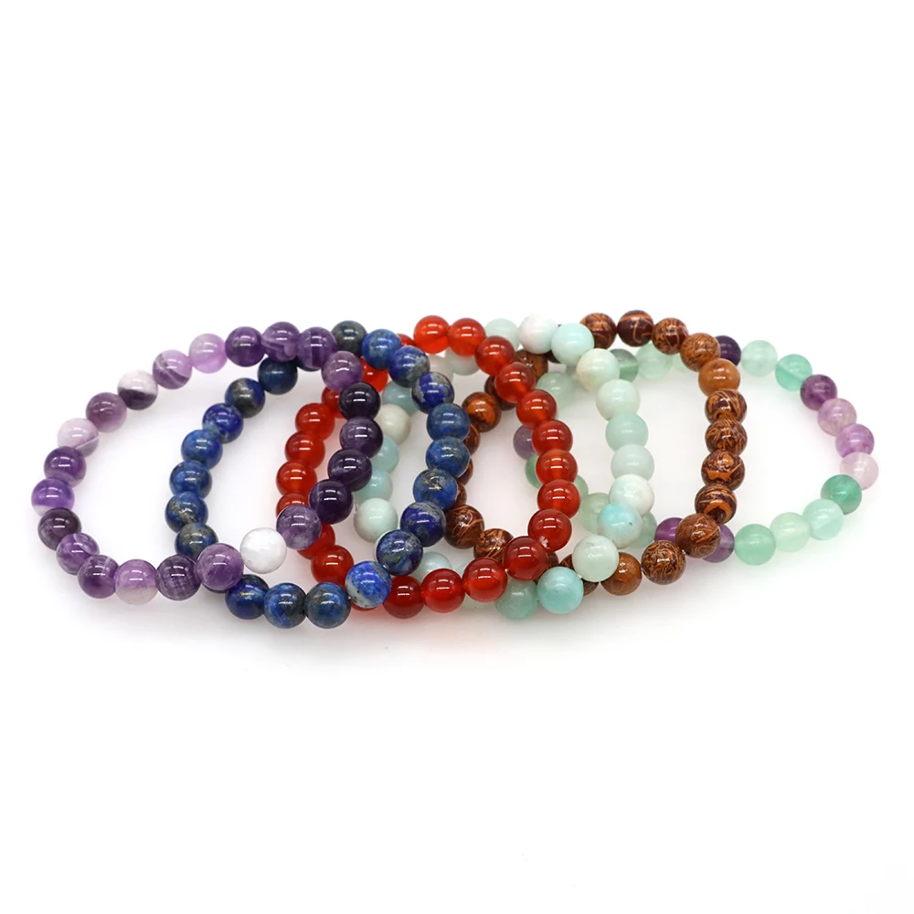 Natural Stone Round Beads Bracelet For Women Men Healing Crystal Amethyst Rose Quartz Aquamarines Jade Elastic Bangle Jewelry