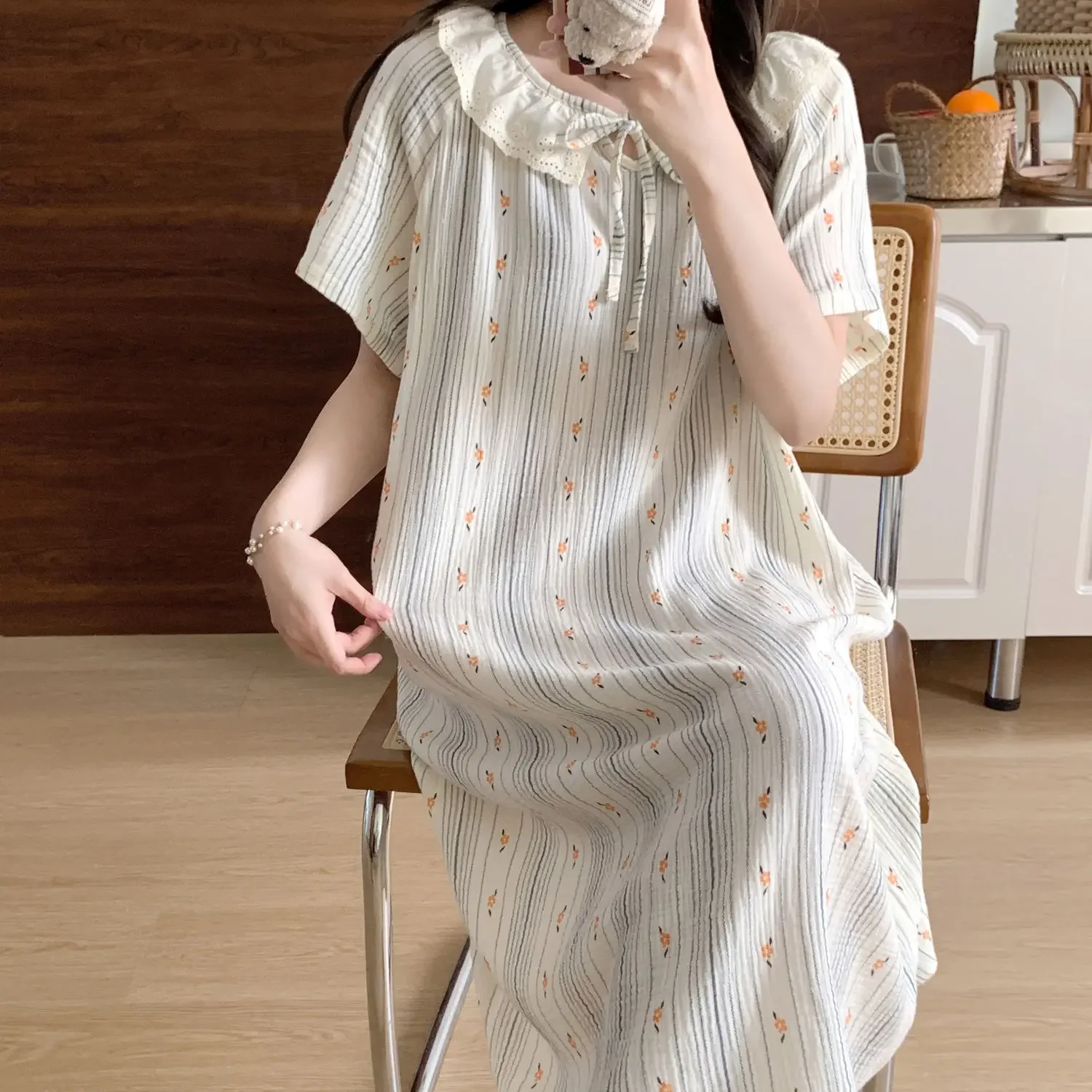 Floral Striped Sleepwear Womens Korean Style NightgownOne Piece Pajama Summer  Lace Short Sleeve Night Dress Home Wear 2024 New