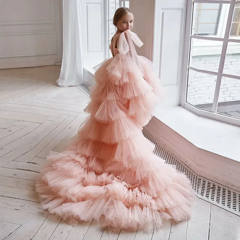 Tulle Layers Baby Girl Birthday Dress With Train Flower Girl Dress For Wedding Kids Princess Ball Gown Lush Dresses For Girls