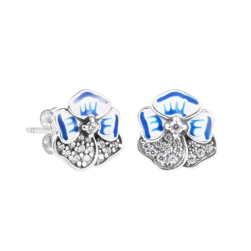 Blue Pansy Flower Stud Earrings  for Women 925 Sterling Silver Earrings Jewelry Pink Flower Crystal Jewellery Women Earrings