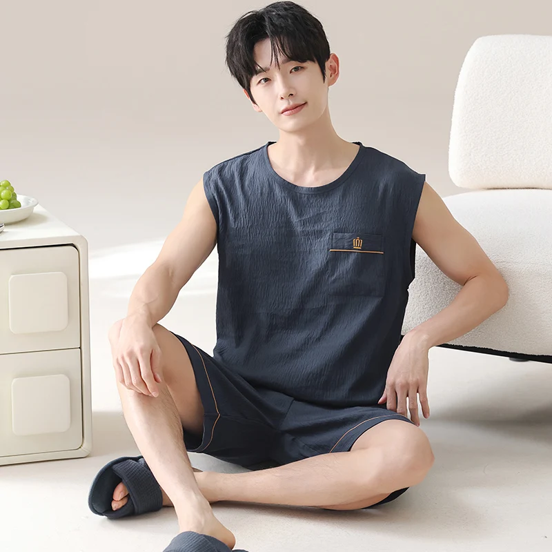 Summer L-4XL Men Pajama Set Knited Cotoon Sleepwear Vest Men's Clothing Male Sleeveless Homewear