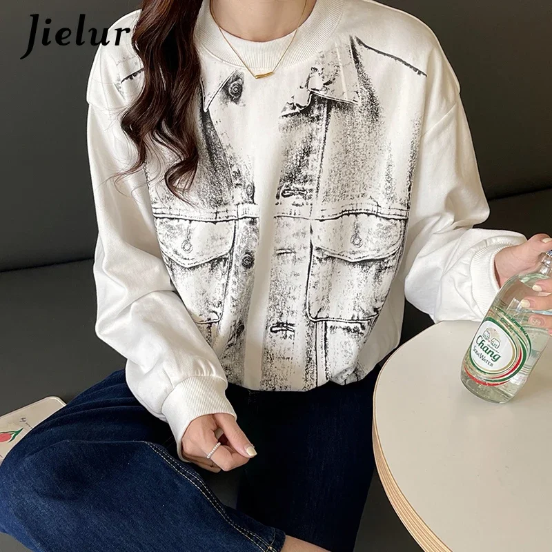 Jielur Herfst Cool Print Vrouwen Hoodies Koreaanse Top Vrouwelijke Trui Mode Streetwear Losse Romige Grijze Witte Korte Sweatshirt