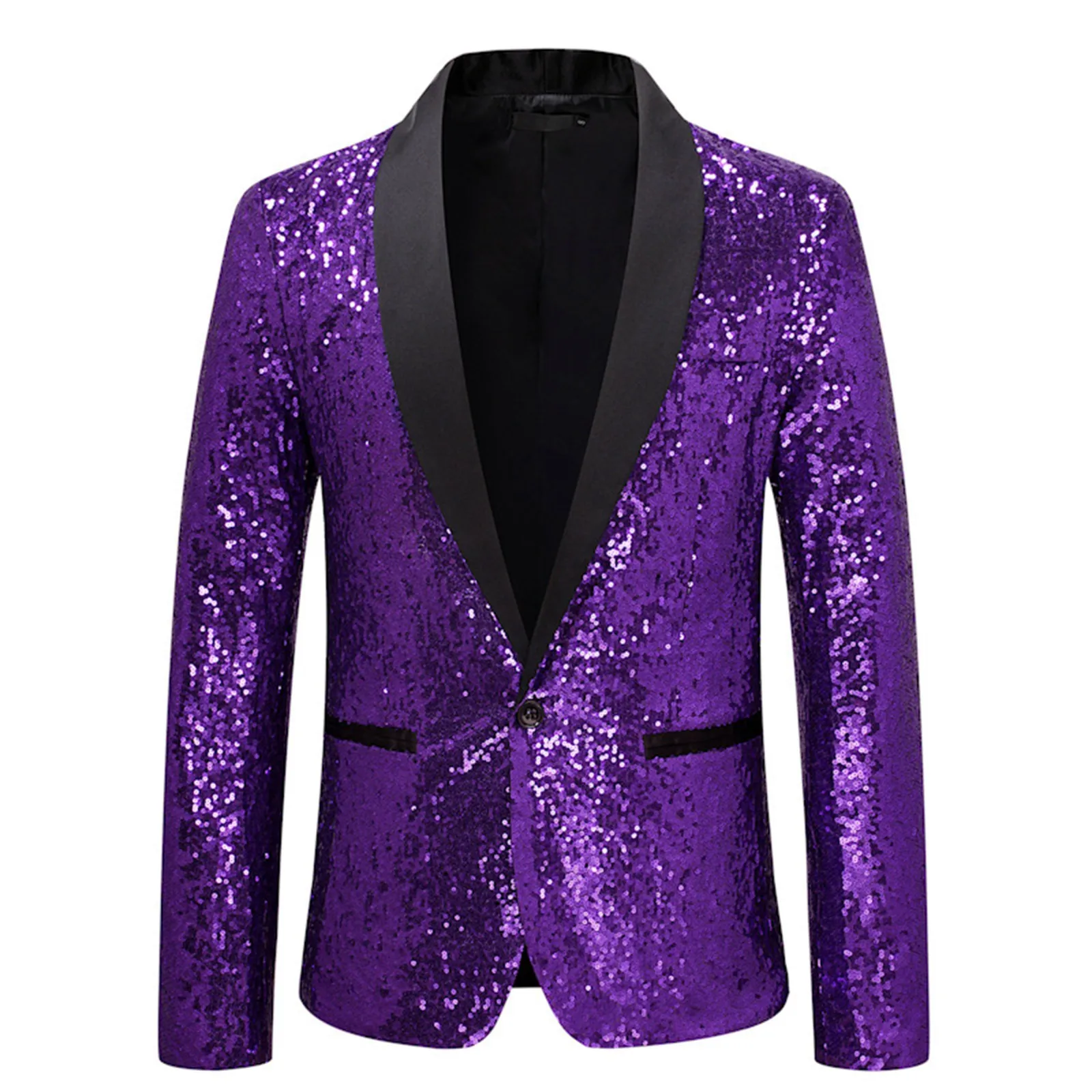 Shiny Purple Sequin Glitter Embellished Tuxedo Suit Jacket Men One Button Shawl Collar Night Club Stage Wedding Costume Homme