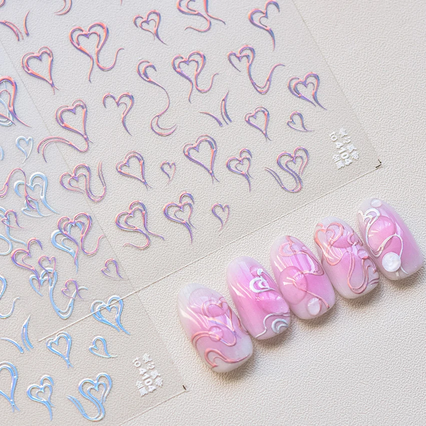 Laser Love Heart Ribbon Line Pink Gold Silver Purple Red Blue Embossed Reliefs Self Adhesive Nail Art Sticker 3D Manicure Decals