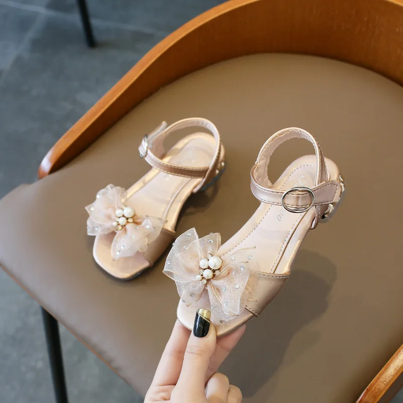 3-11 2024 Bow Kids Shoes Child Sandals Girl Summer Beach Shoes Pearl Princess Sandals for Children Shoes for Girls silver gold