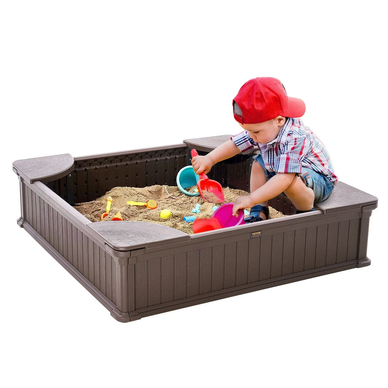 HDPE Sand Pit with 4 Corner Seating and Bottom Liner, Kids Sandbox for Outdoor Backyard, Beach,  Park, Sandbox with Cover,