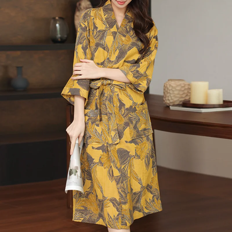 Women's Sleepwear Cotton Print Bathrobe Couple Long Sleeve Casual Home Clothes Mid Length Pocket Shower Spa Elegant Home Wear