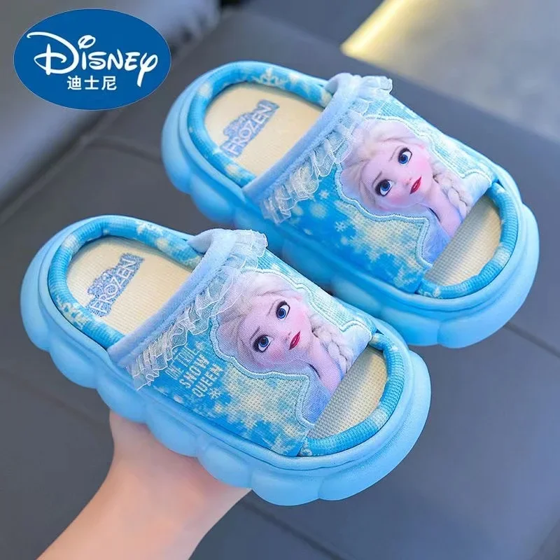 Disney dzieci lniane kapcie niemowlęta dziewczynki kreskówka księżniczka Frozen Elsa Print dzieci antypoślizgowe japonki plażowe buty 24-36