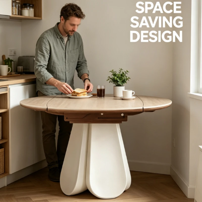 Modern Extendable Round Dining Table With Unique Pedestal Base And Light Wood Top For Contemporary Home Kitchen