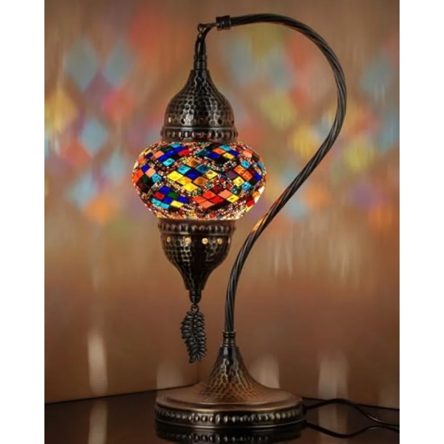 

Turkish Moroccan Table Lamp, Swan Neck Tiffany Style Mosaic Glass Table Desk Bedside Lamp for Bedroom, Living Room Handcrafted
