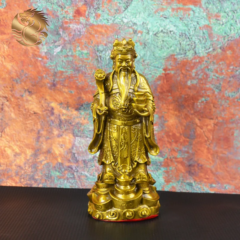All-brass ingot-shaped Ruyi scepter, a copper statue of the God of Wealth, for office or entryway decoration