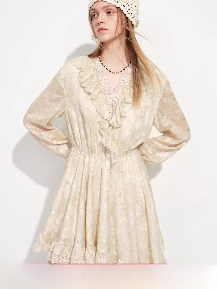

Fansi Lanen Gentle Embroidered Lace Trim V-ne Dr Women's Spring 2026 New Sle High Waist A-line Skirt Ci Commute