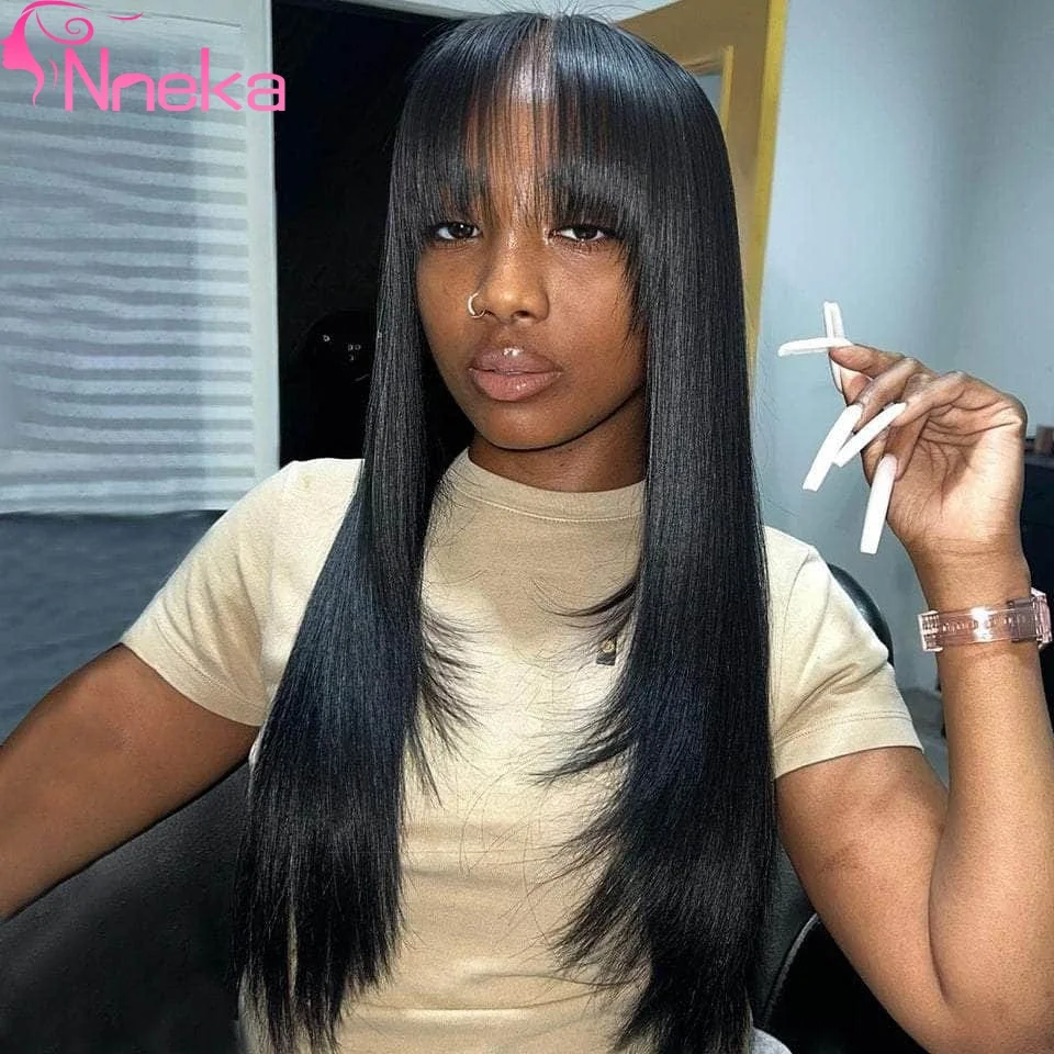 Bone Straight Human Hair Wig With Bangs Fringe Brazilian 3x1 HD Lace Frontal Wigs For Black Women 220% Density 34 Inch