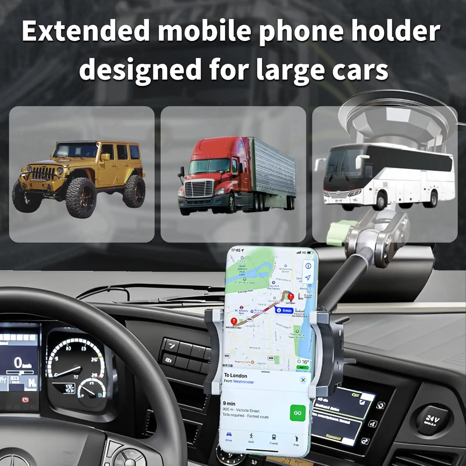 Universal Car Phone Holder with 360° Rotating Arm and Super Stable Suction Cup for All Vehicles
