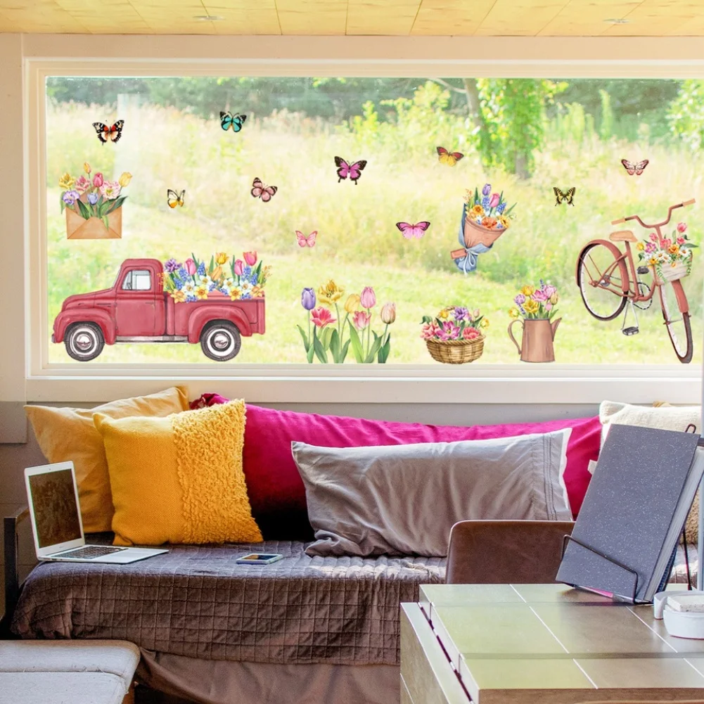 Tulip Themed Static Cling Window Sticker Modern Floral Design for Kitchen Bathroom Living Room Decor 11.81 x 23.62 in