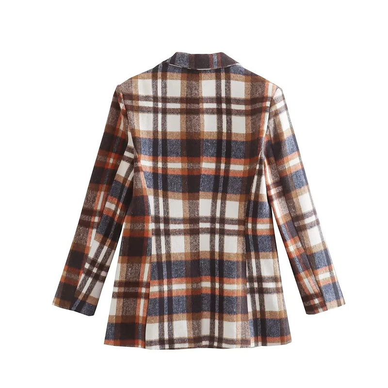 Women's Autumn Plaid Blazer Coat Women's Notch Lapel 2 Button Boyfriend Blazer Suit Lapel Pockets Woolen Jacket Loose Outerwear