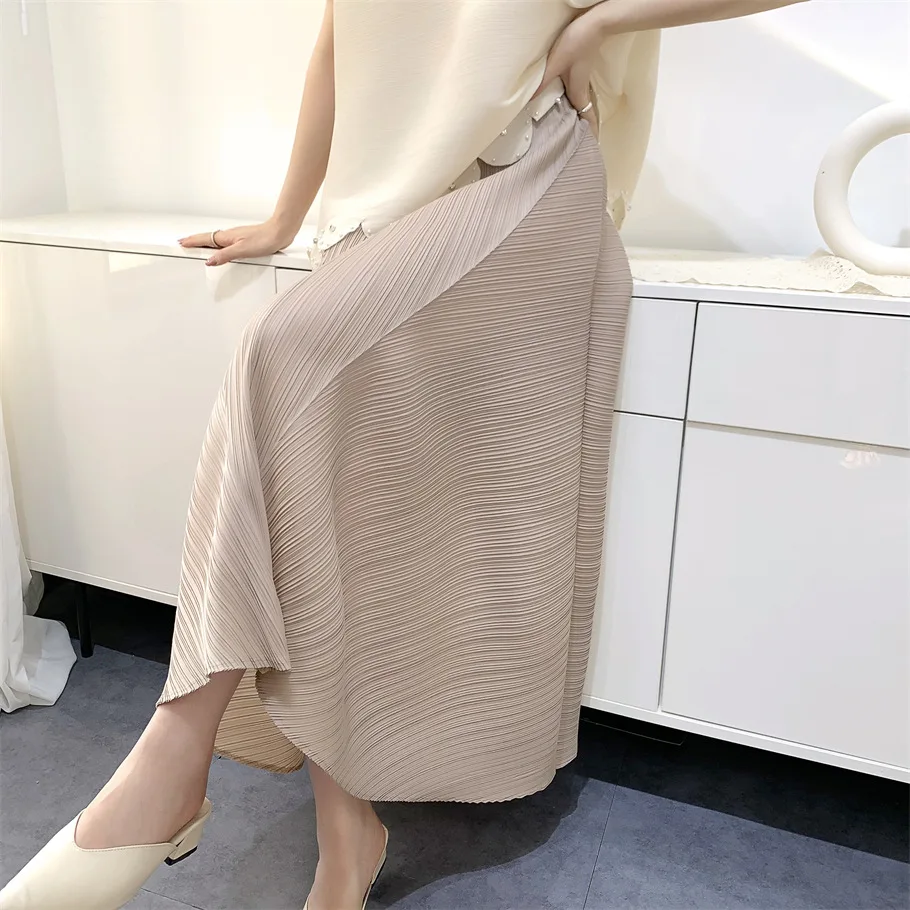 Miyake Pleated Summer Women\'s Halfskirt 2023 Loose Plus Size Irregular High Waist Casual Mid Length Large Hem Skirt