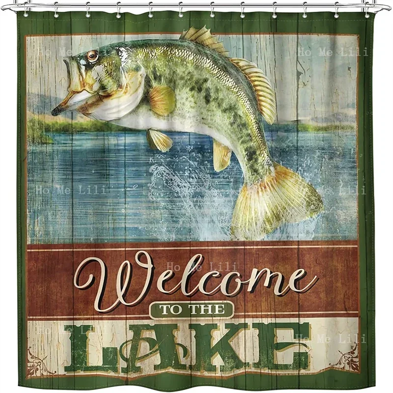 Primordial Presence Fishing Shower Curtain Welcome To The Lake Rustic Quotes Cabin Wooden Plank Fabric Waterproof Decor