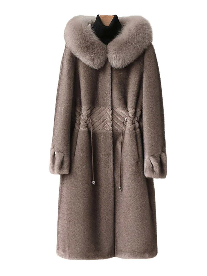 

Новая норковая шуба для женщин, интегрированное пальто из меха лисы средней длины с капюшоном для мам, людей среднего и пожилого возраста.