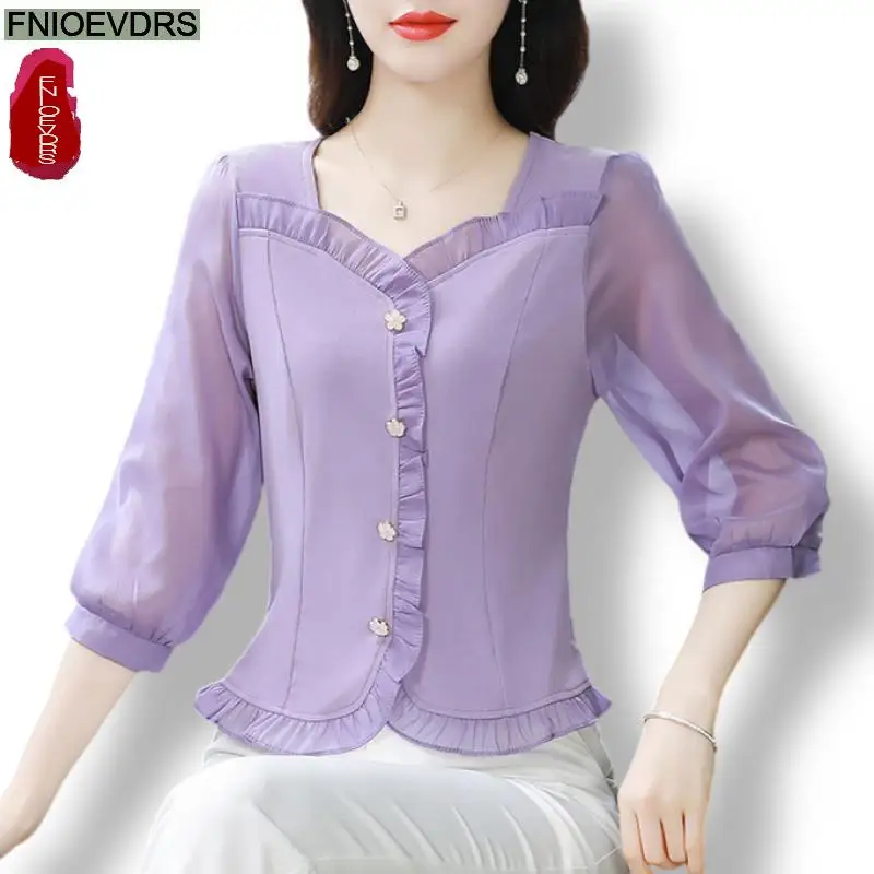 M-4XL 2024 Fashion Ruffles Button Tops Women Basic Wear Office Lady Square Neck Purple Elegant Retro Vintage Shirts Blouses