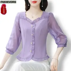 M-4XL 2024 Fashion Ruffles Button Tops Women Basic Wear Office Lady Square Neck Purple Elegant Retro Vintage Shirts Blouses