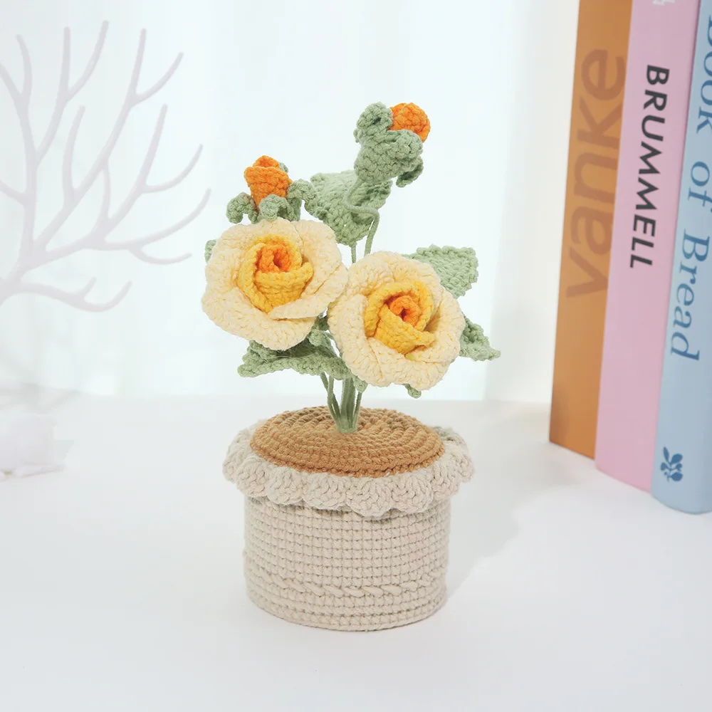 Fertiggestellter handgemachter Rosenblumentopf, kreativer gehäkelter Blumentopf, künstliche Pflanzen, Hochzeitsraumdekoration, Geschenk für Freunde – Detail 4