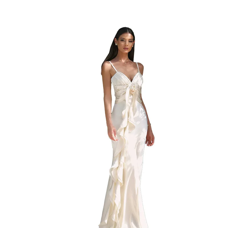 Xy24517 outono 2024 novo longo elegante fino ajuste floral fita cetim cinta vestido para mulher