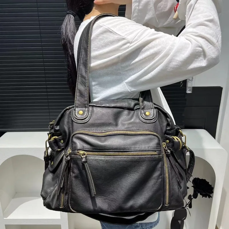 Borsa da moto per ragazza calda Y2K invecchiata alla moda da donna borsa a tracolla in pelle vegana lavata Multi-tasca di grande capacità